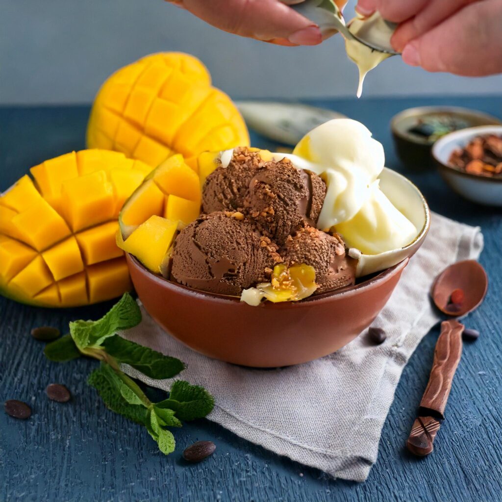 Ninja creami with Rich chocolate ice cream and vanilla bean swirls topped with mango chunks, drizzled with cream, and garnished with fresh mint