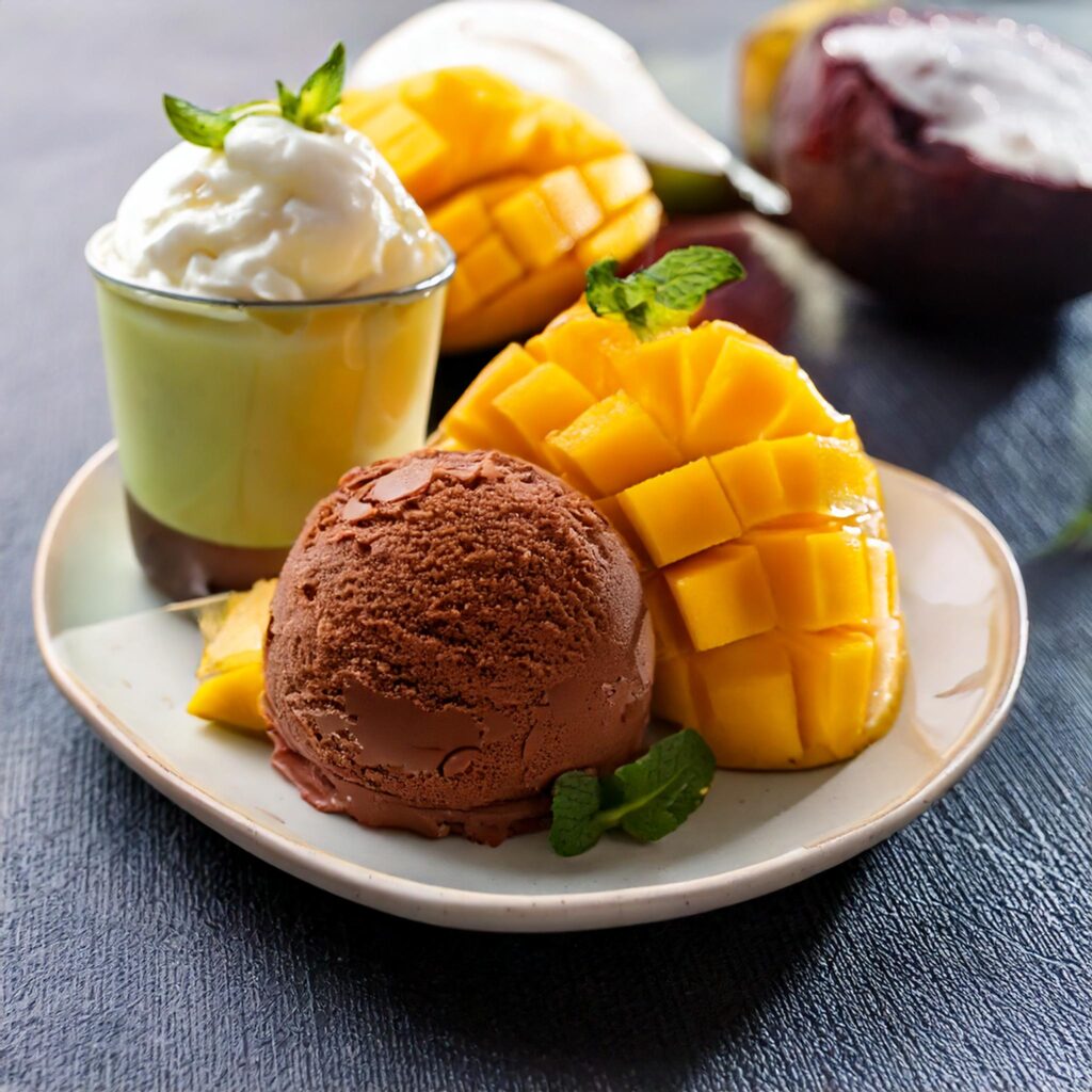 Decadent chocolate ice cream, fresh mango slices, and creamy vanilla dessert beautifully plated with a mint garnish.