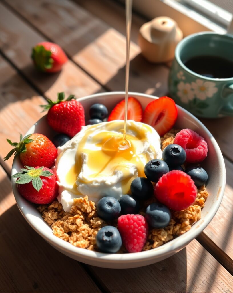 Breakfast bowl filled with cottage cheese, fresh berries (strawberries, blueberries, raspberries), drizzled with honey, and topped with granola on a rustic wooden table