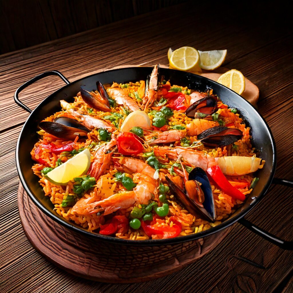 Close-up of a traditional Spanish Paella in a rustic pan, showcasing vibrant saffron rice, plump mussels, shrimp, and clams, garnished with red bell peppers, green peas, and lemon wedges on a wooden table with fresh herbs scattered around.