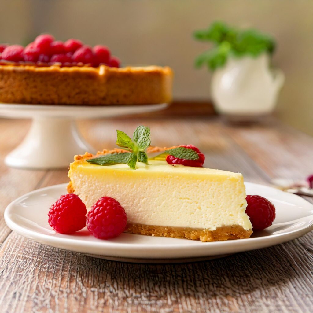 Slice of creamy Philadelphia cheesecake on a white plate, garnished with fresh raspberries and mint, with the full cheesecake blurred in the background on a cake stand, creating a cozy and inviting atmosphere