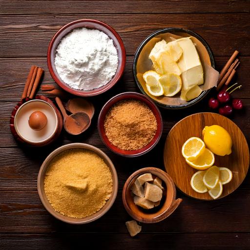 Overhead view of the ingredients for churro cheesecake on a rustic wooden table, including graham cracker crumbs, brown sugar, cinnamon sticks, unsalted butter, cream cheese blocks, lemon halves, heavy whipping cream, white sugar, and a bowl of fresh cherries or berries. The scene is warm and inviting, showcasing natural lighting and vibrant colors