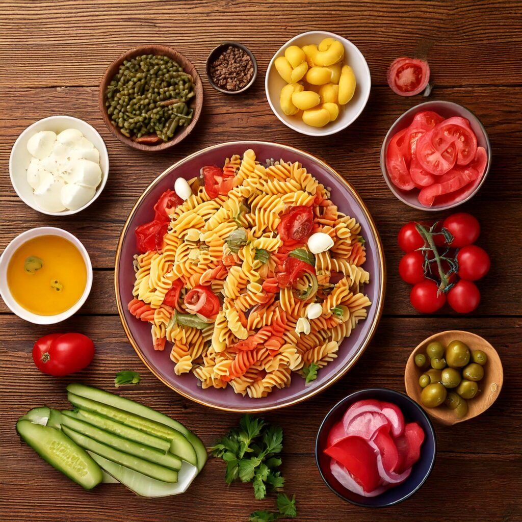 Ingredients for Italian pasta salad: rotini pasta, cherry tomatoes, cucumber, red onion, olives, red bell peppers, mozzarella, salami, and dressing