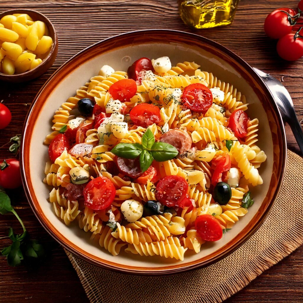 Colorful Italian pasta salad with rotini, fresh vegetables, mozzarella, and salami in a rustic bowl, perfect for summer gatherings