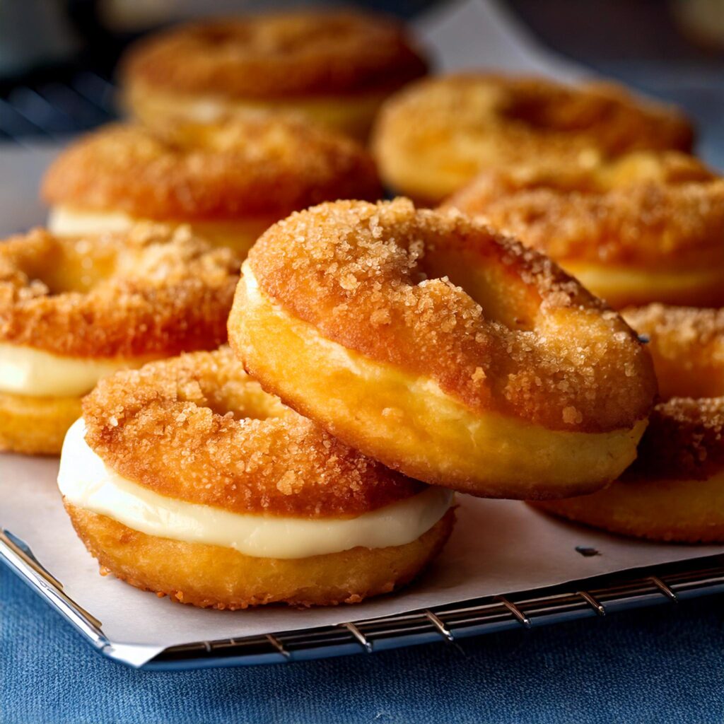 A tempting display of churro cheesecake donut cookies, featuring soft, golden-brown cookie rings with a crispy churro coating. The cookies are filled with a creamy cheesecake center and lightly dusted with cinnamon sugar. Each cookie is topped with a drizzle of caramel and arranged on a plate, ready to impress with their indulgent, mouthwatering appeal