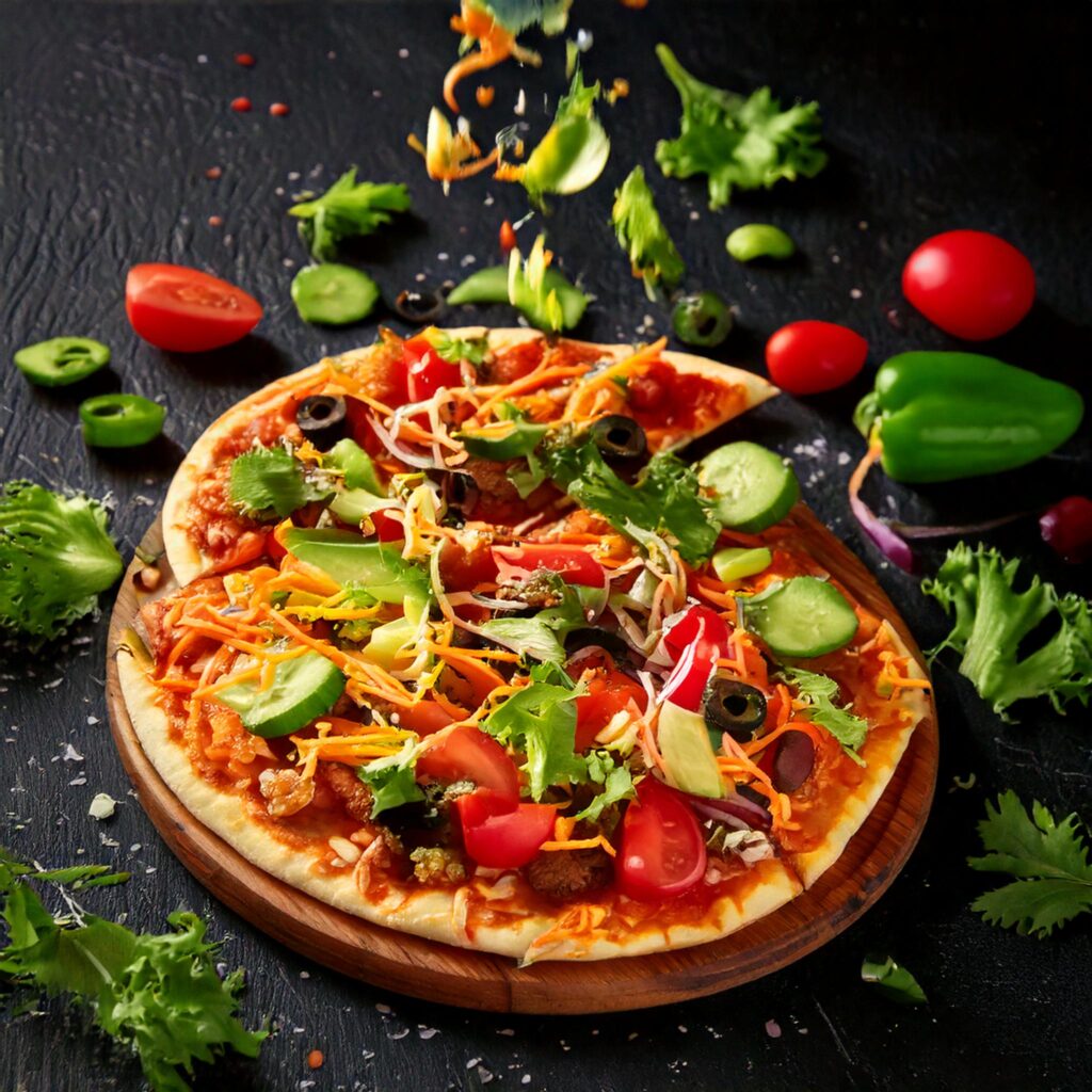 Colorful vegetarian taco pizza topped with fresh veggies, olives, and cheese, with ingredients artfully falling around.