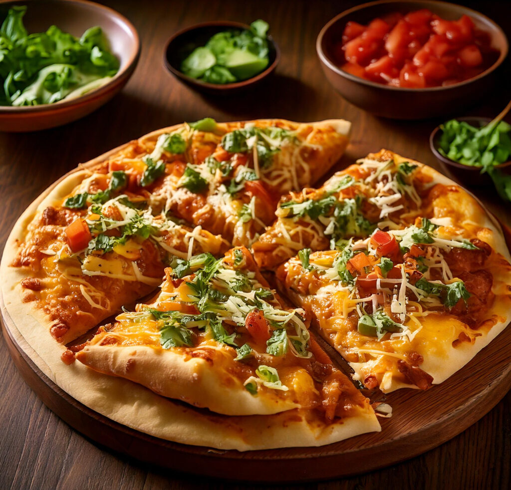 Cheesy taco pizza topped with fresh cilantro, diced tomatoes, and shredded cheese, served with sides of greens, cucumber, and salsa.