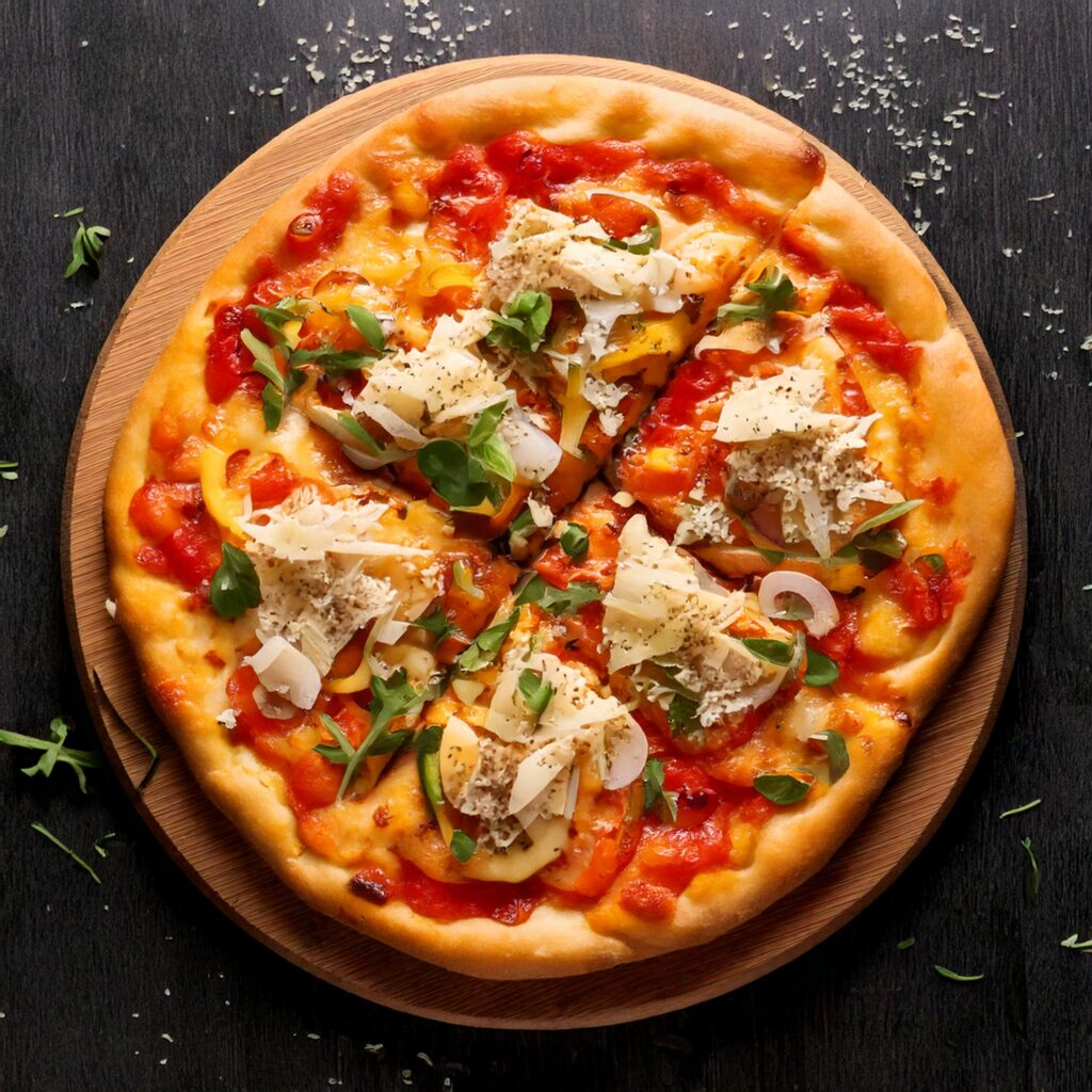 a delicious french bread pizza with cheese and vegetables on a wooden plate