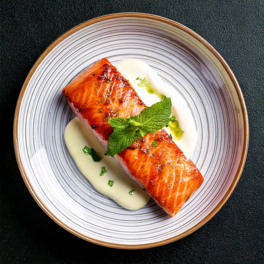 Family-Friendly Feasts" article. You could describe the dish as: "Fire-grilled smoked salmon, served with a creamy sauce and garnished with a fresh mint leaf—perfect for a sophisticated yet family-friendly dinner