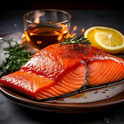 a piece of salmon with lemon and herbs on a plate