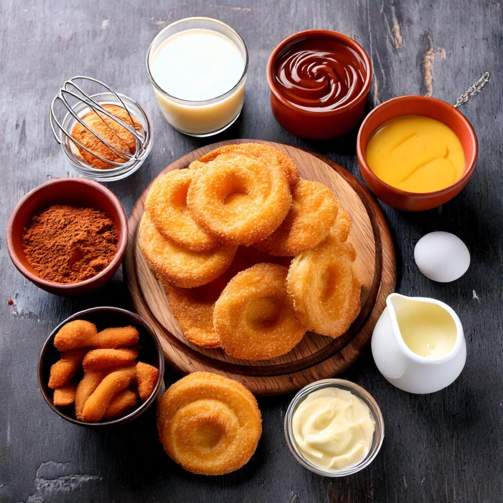 churro cheesecake cookies with ingredients like caramel, custard, cinnamon, sugar, and cream