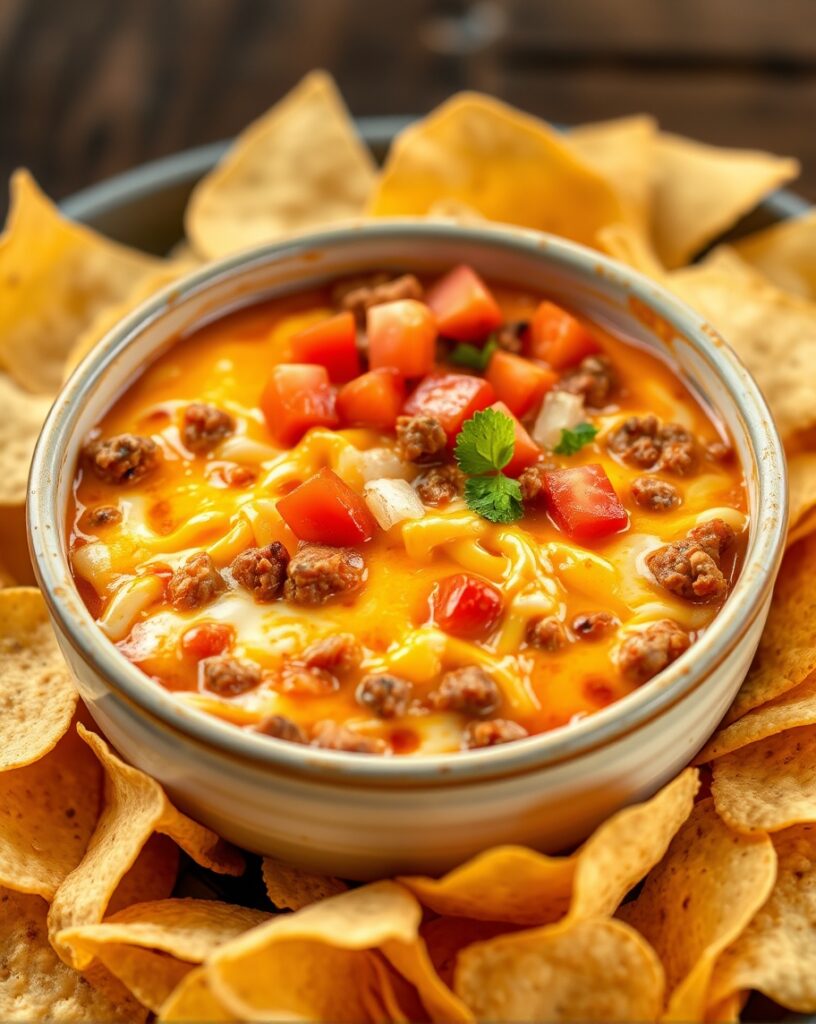 Close-up of a bowl of creamy Rotel dip with melted cheese, ground beef, and diced tomatoes, surrounded by crispy tortilla chips, ideal for party gatherings.