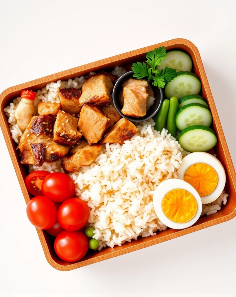 An overhead shot of an authentic Japanese Bento Box, featuring neatly arranged sections with sushi rice, teriyaki chicken, boiled egg halves, fresh vegetables like edamame, tomatoes, and cucumber slices. Add pickled ginger and sesame seeds as garnish, showcasing a balanced, colorful, and traditional Japanese presentation against a clean background