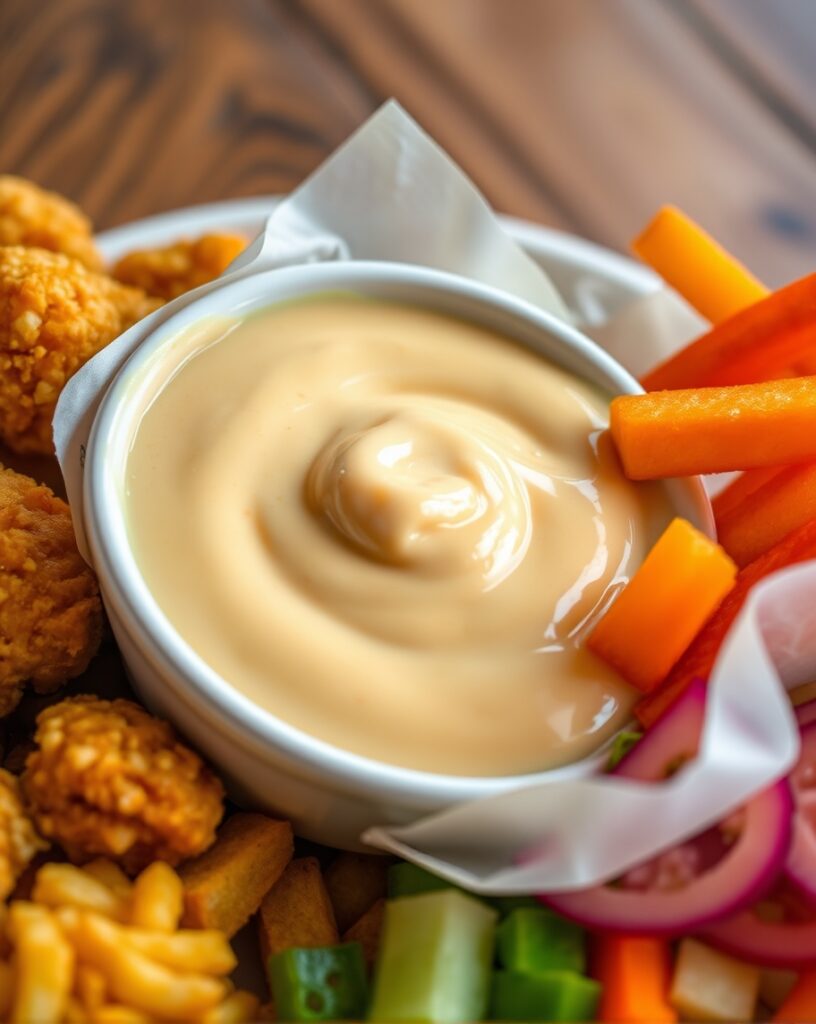A small bowl filled with creamy Chick Fil A sauce recipe, surrounded by dipping options like crispy chicken nuggets, French fries, and fresh vegetables, placed on a rustic wooden table.