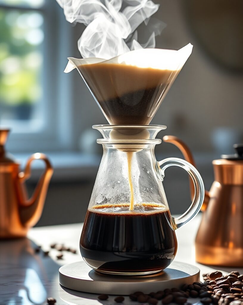 Coffee Loophole technique in action: precise spiral pour from copper gooseneck kettle over blooming grounds, sunlit steam rising from glass carafe on marble countertop