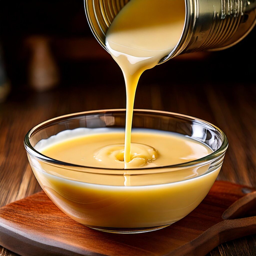 Sweetened condensed milk being poured into a glass bowl, showcasing its rich and creamy texture. The scene emphasizes the glossy, golden flow of condensed milk, evoking warmth and the promise of delicious dessert creations.