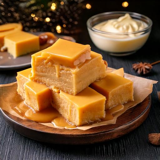 Plate of creamy white chocolate fudge squares on a wooden countertop, topped with assorted add-ins like nuts and caramel swirls, illustrating a Fudge Recipe. Ingredients like condensed milk, butter, and white chocolate are visible in the background, with a hand sprinkling powdered sugar over the fudge. A rustic kitchen towel adds warmth, and soft natural lighting highlights the inviting textures of the fudge