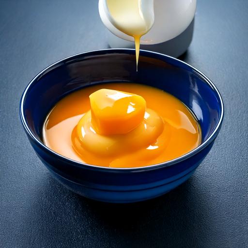 Thick sweetened condensed milk being poured over a vibrant orange sauce in a dark blue bowl, showcasing a rich and creamy dessert topping.