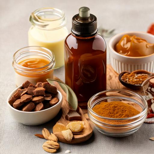 An assortment of ingredients for making fudge, including jars of caramel and condensed milk, a bottle of vanilla extract, chocolate chunks, turmeric powder, ginger, and almonds, arranged on a neutral background. These elements are used to create a rich, flavorful fudge recipe