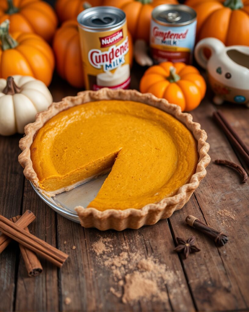 "Freshly baked pumpkin pie with a golden-brown crust, sliced to show creamy filling. Surrounded by spices like cinnamon sticks, nutmeg, cloves, and pumpkins, evoking a cozy autumn feel."