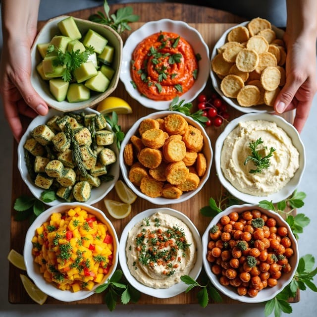 party spread featuring ten vegan, Gluten Dairy Free appetizers: cucumber avocado salad, almond flour crackers, roasted red pepper dip, zucchini fritters, vegan cashew cheese spread, sweet potato bites, grilled asparagus with lemon, mango salsa, crispy roasted chickpeas, and small dipping bowls. All dishes are arranged on a large wooden board in a bright, inviting setting.