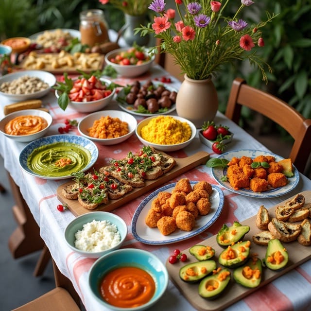 A vibrant party spread featuring an assortment of vegan and gluten-free appetizers: dips, salsas, bite-sized finger foods, small plates, and desserts. The appetizers include creamy avocado spread, mango salsa, vegan stuffed mushrooms, crispy buffalo cauliflower bites, and no-bake chocolate truffles, displayed in a colorful, festive setting perfect for a gathering